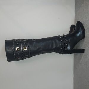 Stuart Weitzman Black Nappa Stadium Embellished Leather Heeled Boots Size 7M